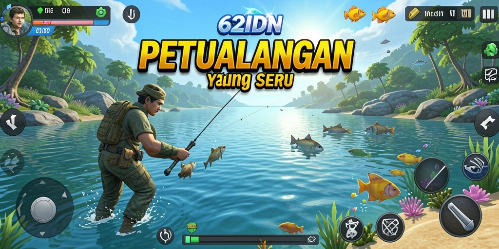 Screenshot permainan 62IDN menampilkan suasana memancing yang indah.