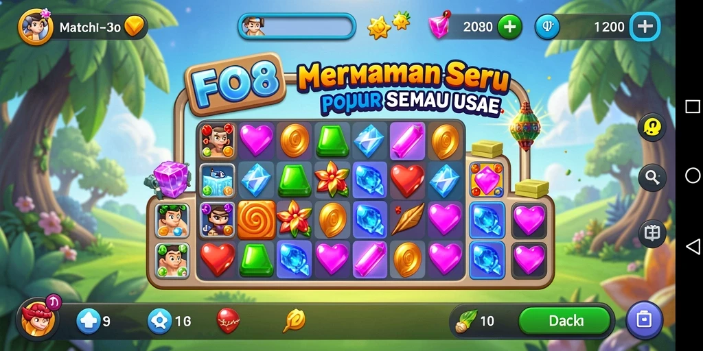 Screenshot gameplay FO8 menunjukkan aksi seru cocokkan item.