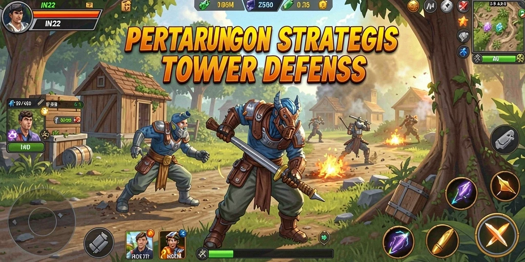 Tampilan seru gameplay Tower Defense IN22 yang menantang.
